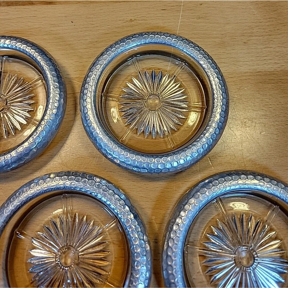 Vintage Coasters Glass Star Starburst Pattern w/ Hammered Aluminum Trim set of 5